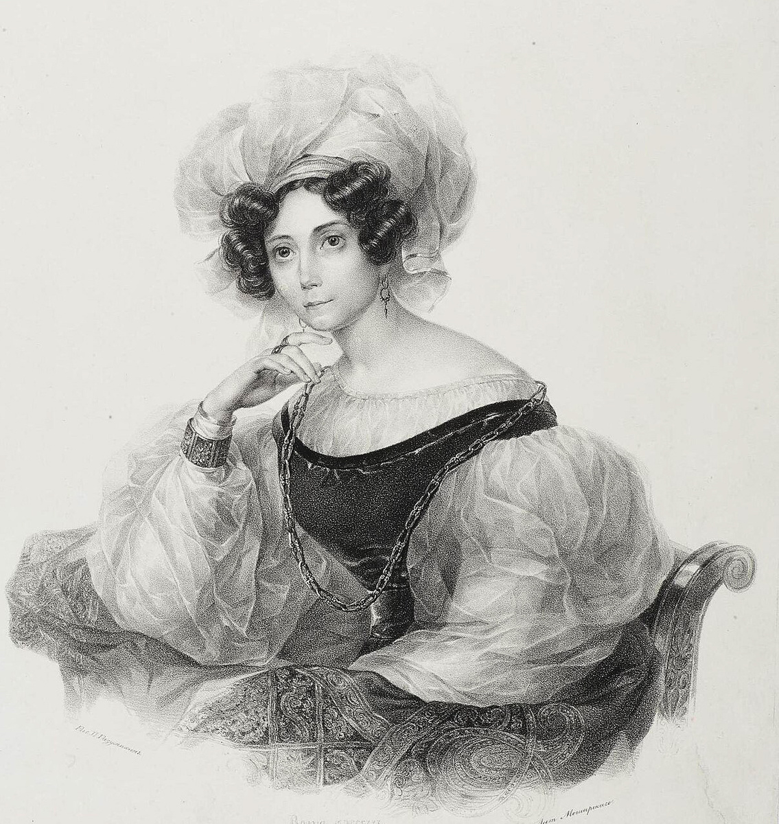 (Портрет З. А. Волконской. Эрмитаж. Бумага. Техника: литография. Размеры: 30х25,6 см Литограф: Разумихин П.И. 1812-1848; автор оригинала: Брюллов К.П.)