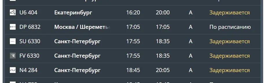    Фото: скриншот онлайн-табло аэропорта Храброво