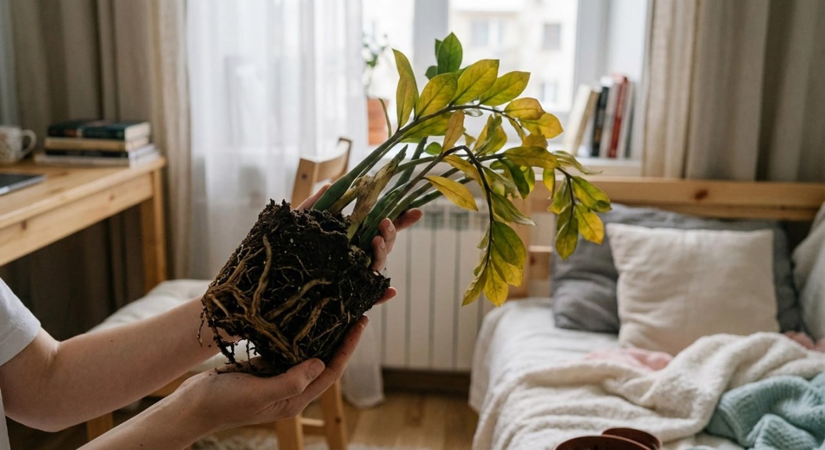 Погибающий замиокулькас из-за переувлажнения почвы