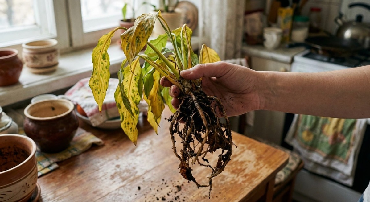 Почти сгнившее растение из-за чрезмерного полива