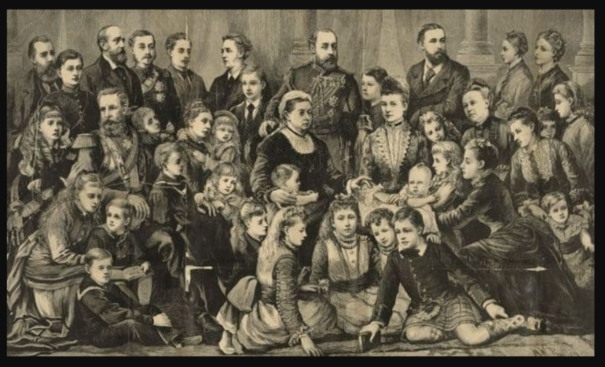 This illustration shows Queen Victoria (center, seated) among her children and grandchildren. Courtesy Wikimedia Commons
