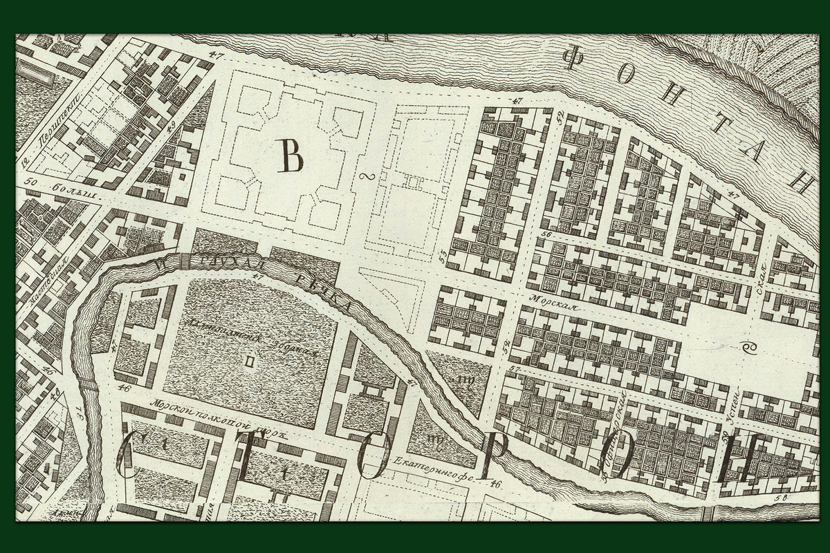 Фрагмент плана Петербурга 1753 года. Район будущего Никольского рынка обозначен буквой «В»