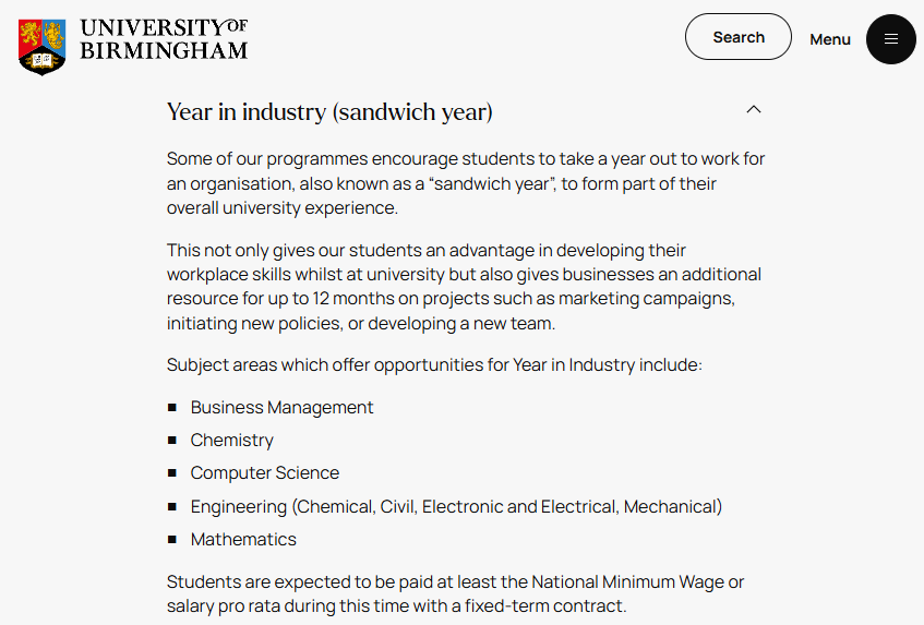 Описание sandwich year в Бирмингемском университете