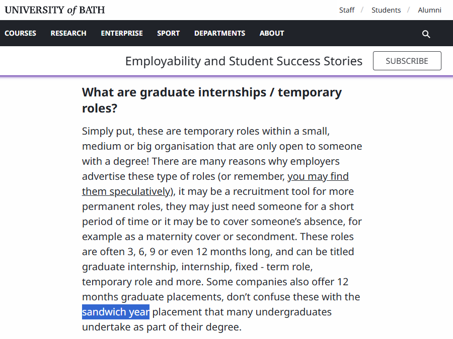 Университет Бата учит нас не путать sandwich year (входит в состав программы бакалавриата) и стажировки для выпускников