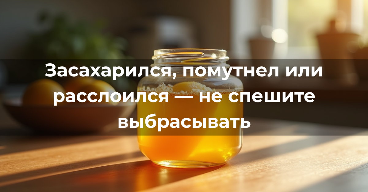 Банка натурального мёда с кристаллизацией и лёгким расслоением, стоящая на деревянном столе при естественном освещении