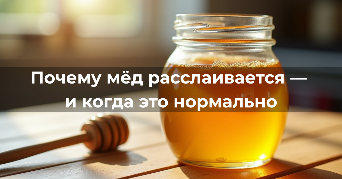 Банка натурального мёда с заметным расслоением: жидкий слой сверху и более плотная часть снизу на деревянном столе при естественном освещении