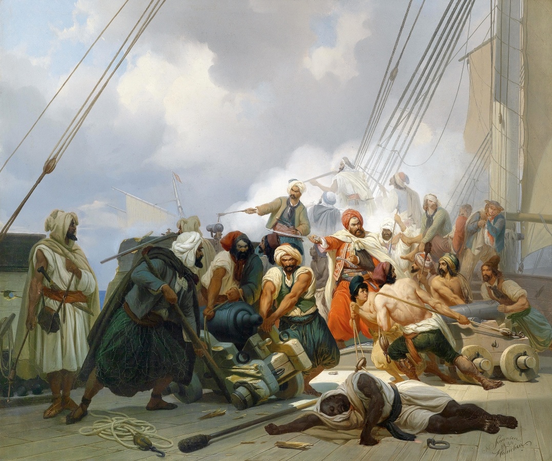 Нильс Симонсен. Морское сражение. Орудия на палубе. Холст, масло. 70х83. 1844. Частное собрание