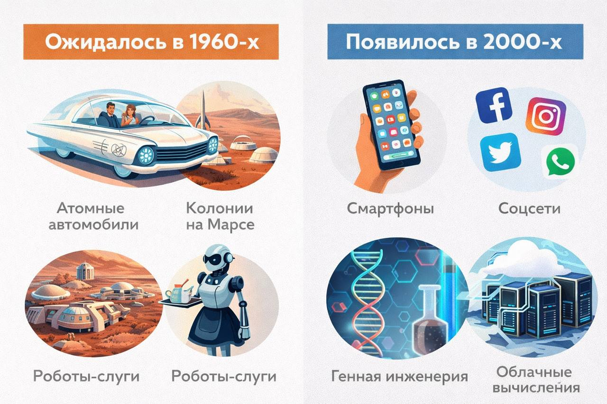 Наглядное сравнение линейных прогнозов прошлого и комплексной реальности настоящего