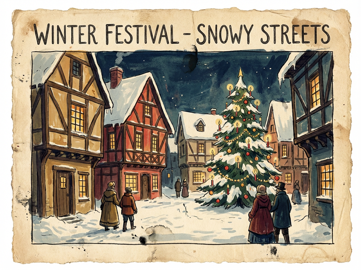 заснеженная улица с елкой