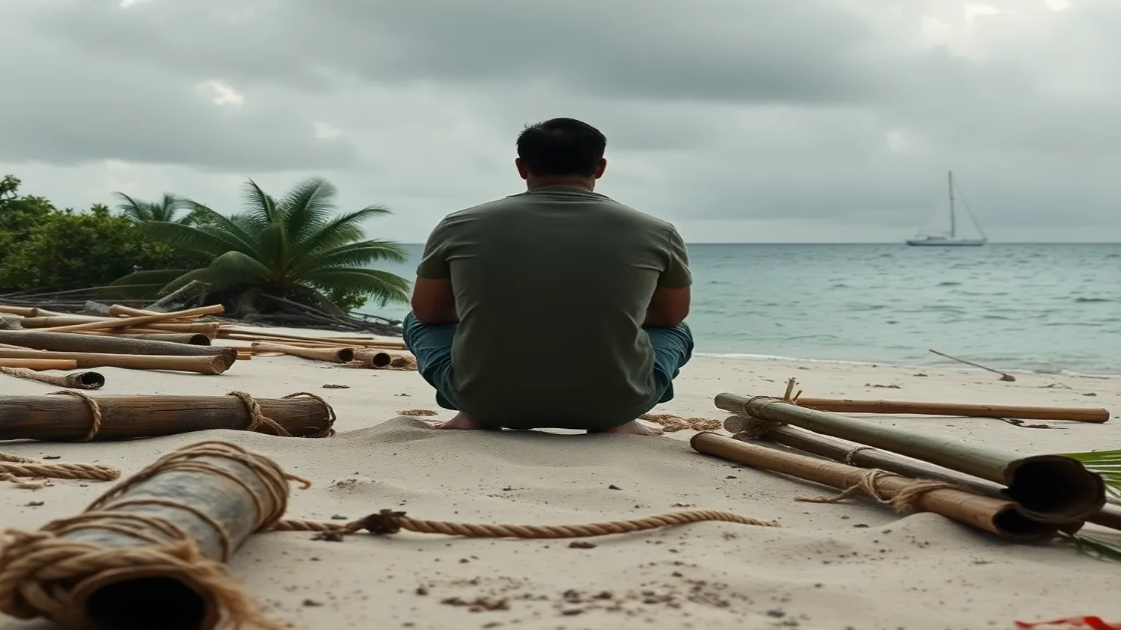 Человек на необитаемом острове сидит с опущенной головой на песке. Вокруг него разбросаны все материалы для спасения: брёвна, верёвки, пальмовые листья, бамбук. Но он не трогает ничего. Просто ждёт. Смотрит в горизонт. А мимо острова в дали плывёт парусник - тот самый "спасатель", который никогда не придёт, потому что не знает о нём.