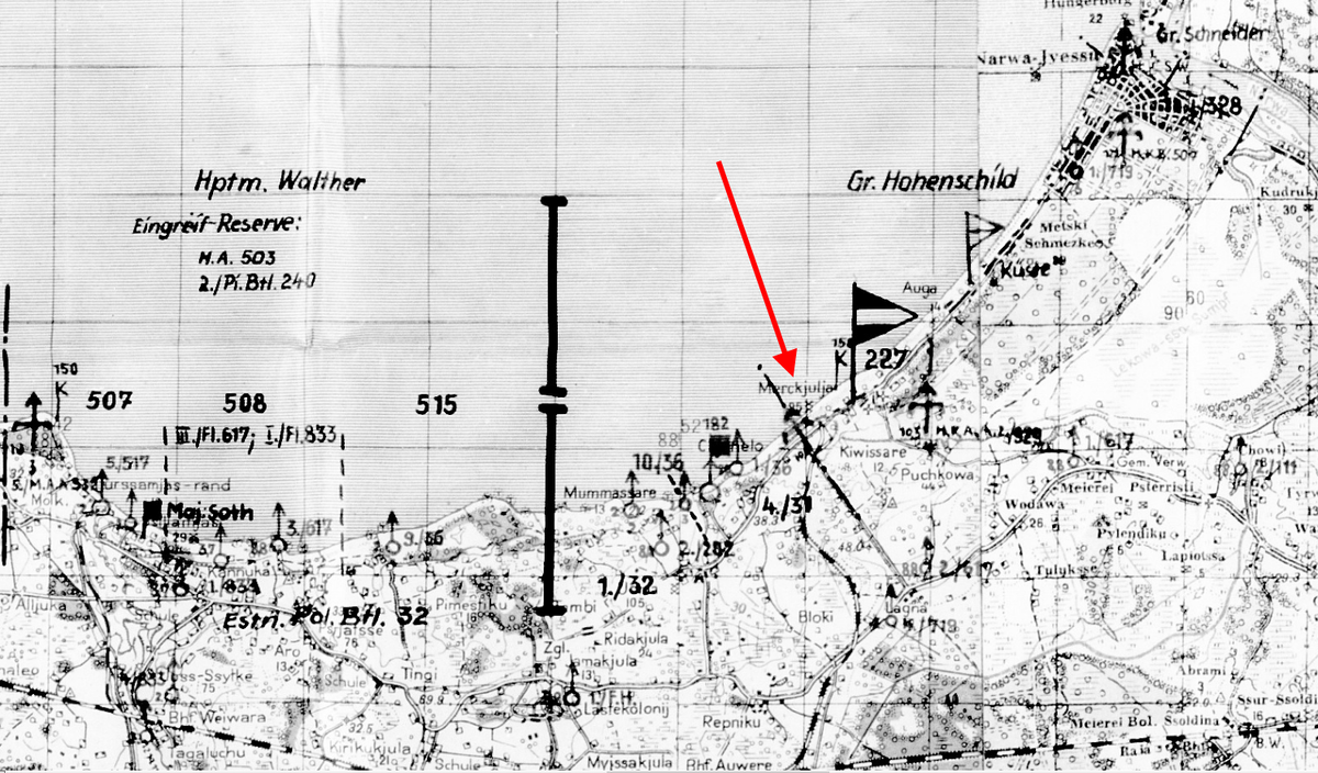 Немецкая карта береговой обороны Нарвского залива на 10.2.44. Место высадки десанта я отметил