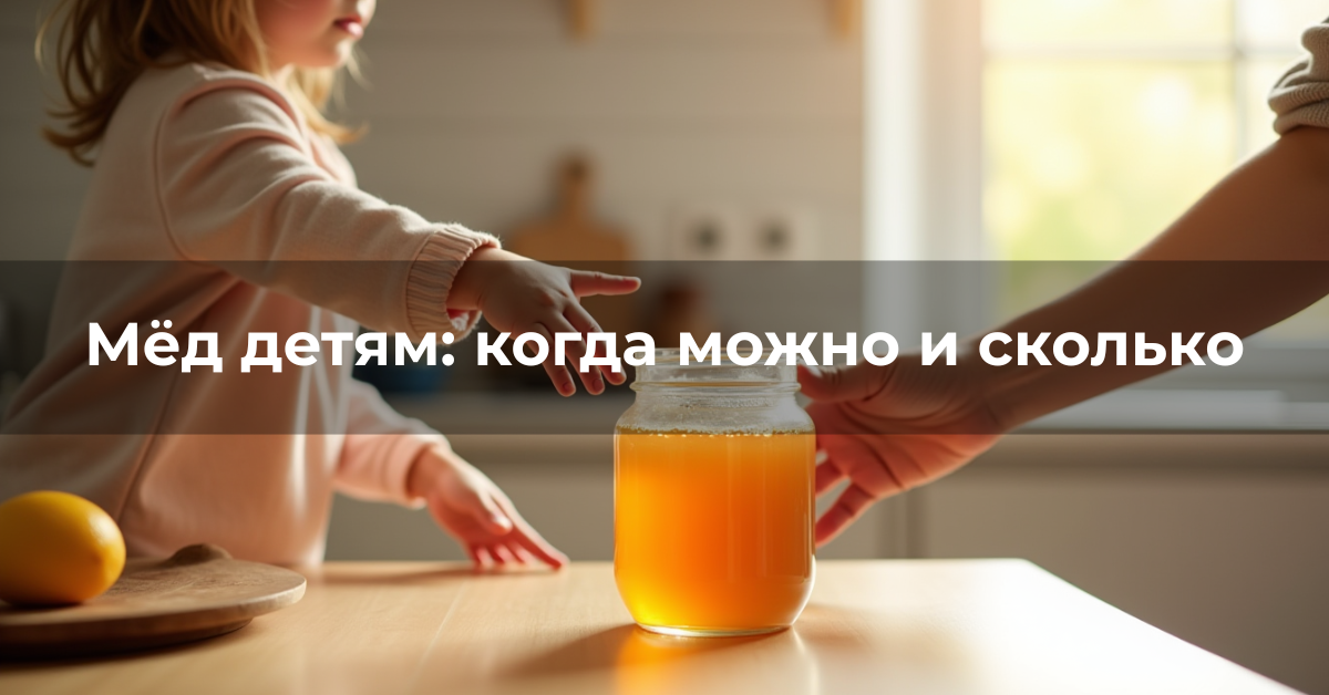 Банка мёда на кухонном столе при мягком дневном освещении, рядом детская ложка