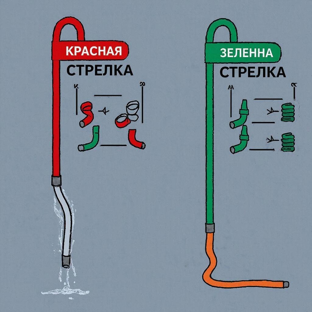 Изображение 1: Схема с двумя вариантами: красная стрелка — неправильно (шланг провис), зеленая стрелка — правильно (постоянный уклон)