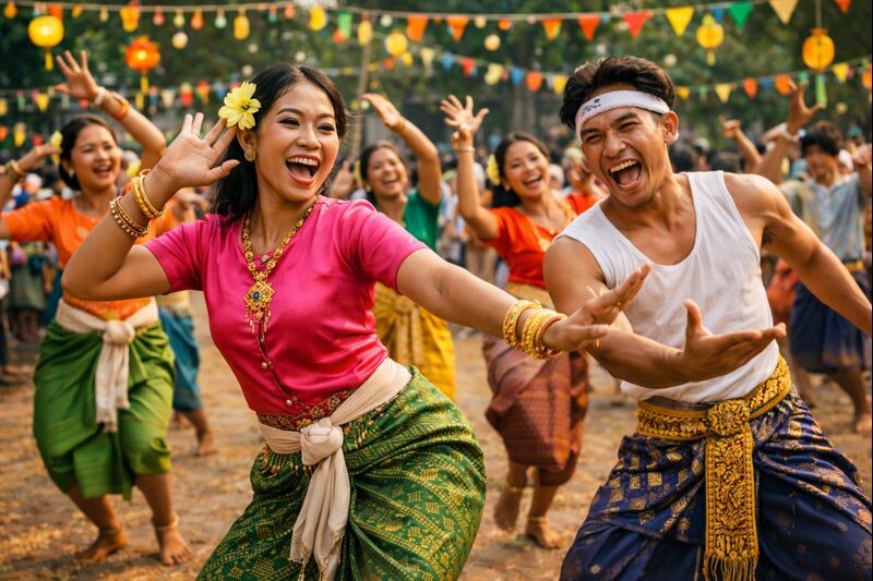 Танец во время праздника Чаул Чнам (Кхмерского нового года). Изображение сгенерировано нейросетью ChatGPT.