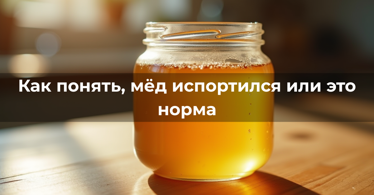 Открытая банка мёда с лёгкой пеной на поверхности при естественном освещении