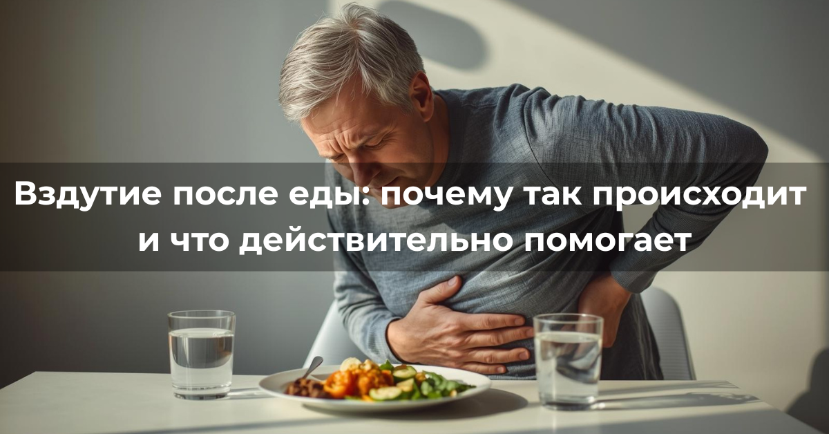 Человек сидит за столом после еды и испытывает дискомфорт в животе, иллюстрируя проблему вздутия кишечника после приёма пищи.