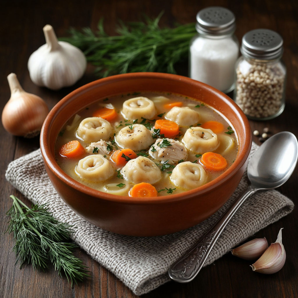 Куриный суп с чесночными галушками‑рулетиками: ароматный и сытный обед за час 🍲