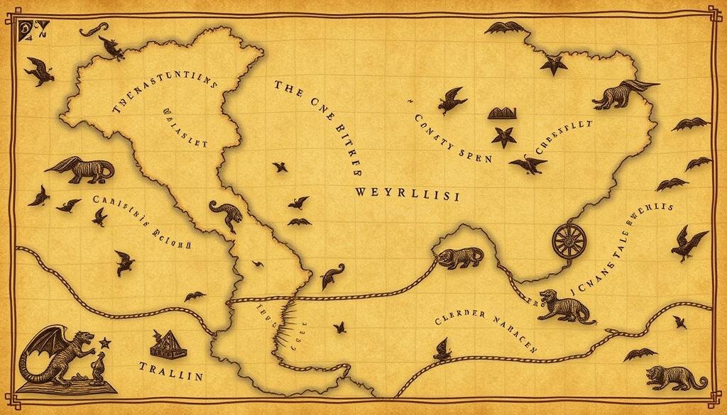    Изображение старинной карты с неясными границами и мифическими созданиями.