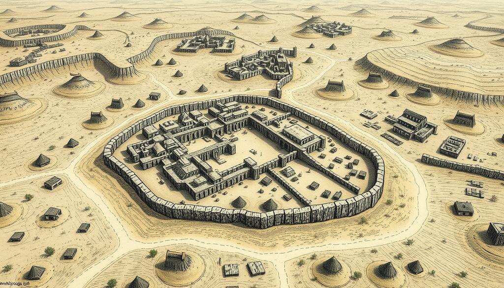    Изображение древнего поселения в неолитический период с детальным планом.