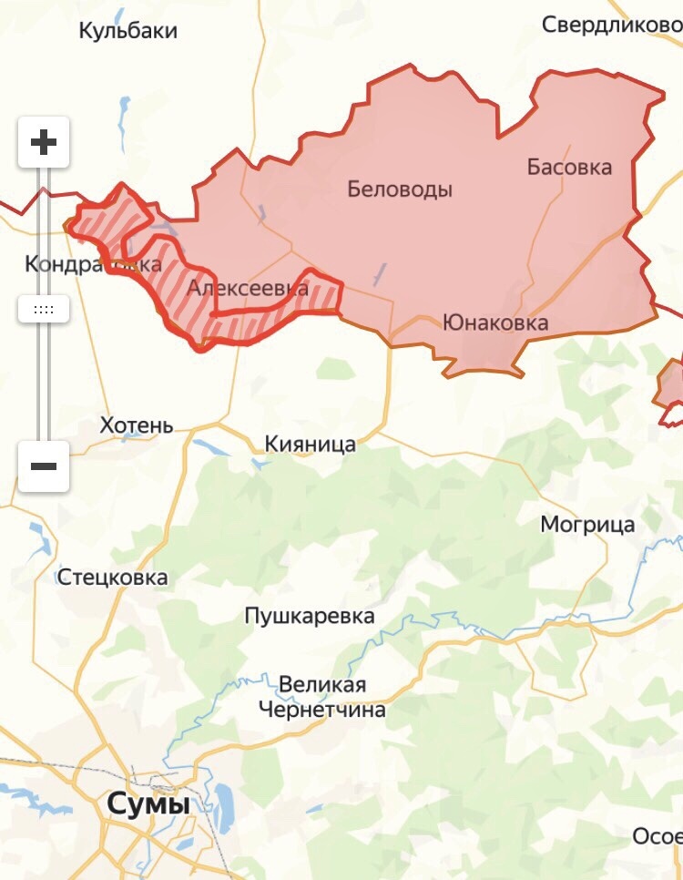 Красная, тонкая линия - госграница. Красным контуром со штрихом - отвоёванные обратно нашими, ранее утраченные участки территории на Юнаковском плацдарме.