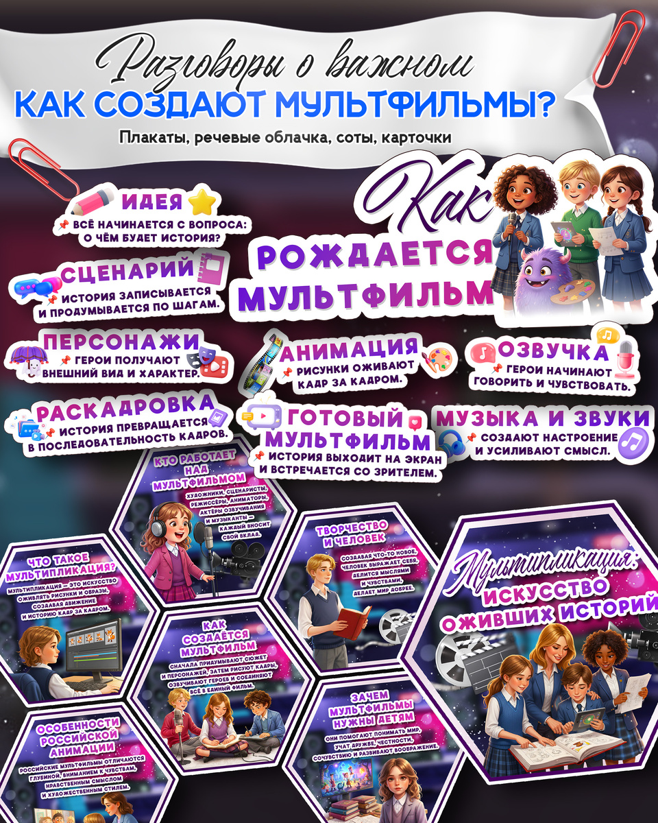 Качества героя и соты (гексы) к «Разговоры о важном». Тема: «Как создают мультфильмы?».