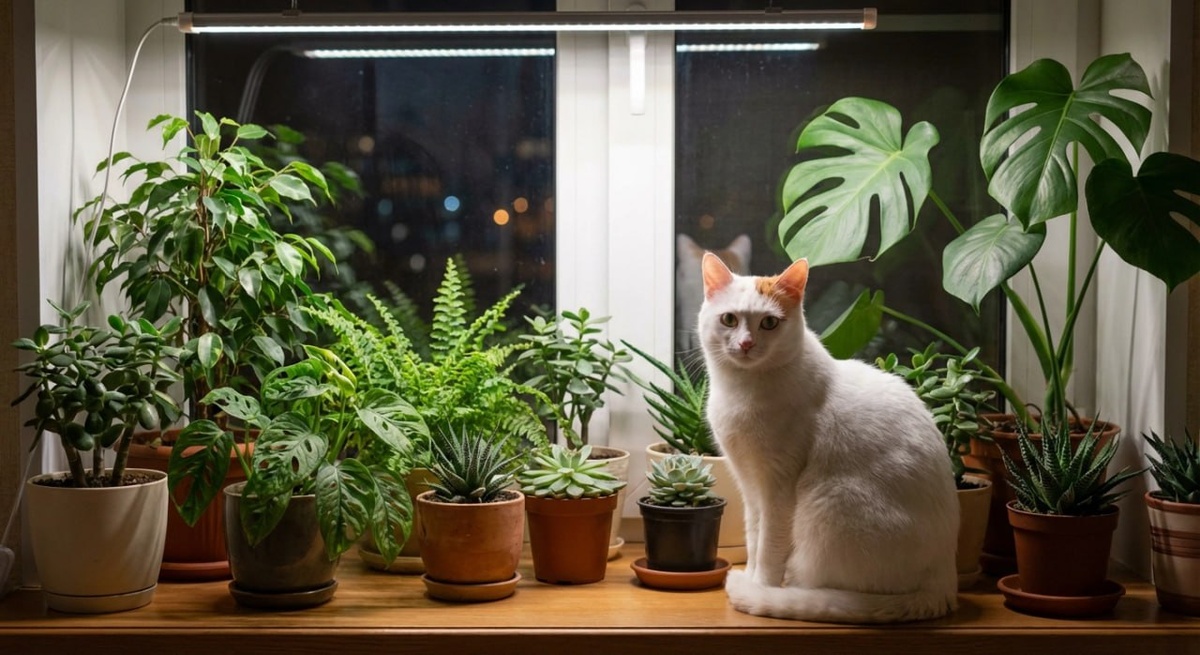 Муся греется под лампой вместе с растениями