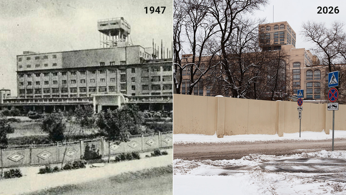 Здание Микояновского мясокомбината: 1947 — 2026 гг. Вид со стороны Волгоградского проспекта. Автор современного фото и коллажа: Михаил Грушин