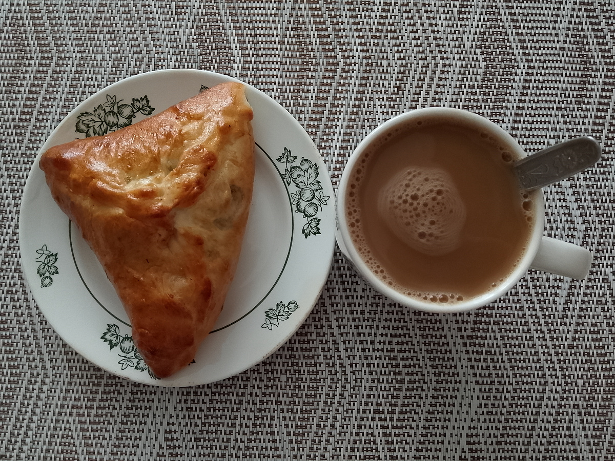 Мой завтрак, овсянка осталась за кадром. Пирожок привезла из Ярославля. Он с фаршем, грибами и сыром. Начинки много. Фото автора 