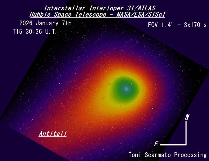 Снимок 3I/ATLAS от телескопа Хаббл 7 Чнваря 2026 г. Изображение в ложных цветах, чтобы показать разную яркость комы, которая кажется асимметричной. Антихвост всегда присутствует!