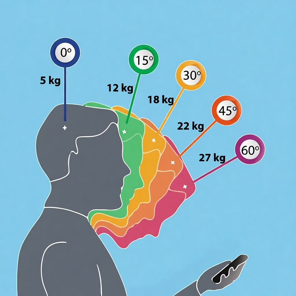 Данная картинка демонстрирует взаимосвязь угла наклона в шее с нагрузкой на позвонки, в килограммах, которая возникает в момент смещения головы вперёд