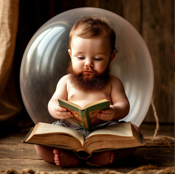 ребенок с бородой и шрртах читает книгу по психологии изображение создано ИИ 