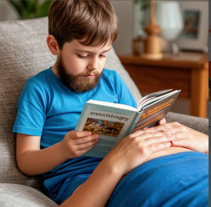 ребенок с бородой и шрртах читает книгу по психологии изображение создано ИИ