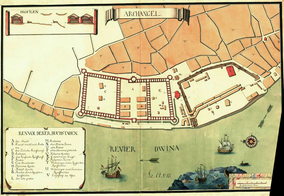 Схема Архангельска около 1750 г. План из Шведского национального архива. Слева литерой U помечены кварталы Немецкой слободы.
