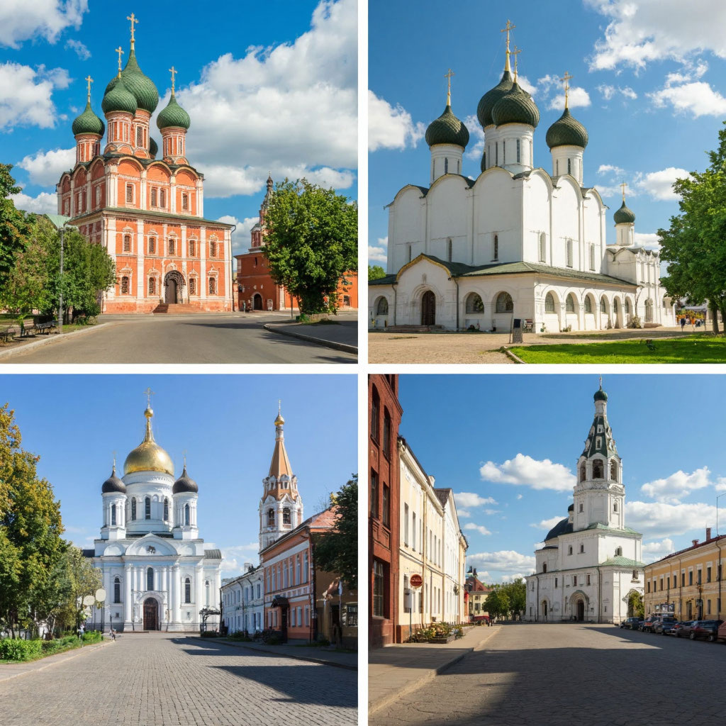 Попросил нейросеть сгенерировать коллаж из город, которые входят в золотое кольцо. Получается некий православный тур.