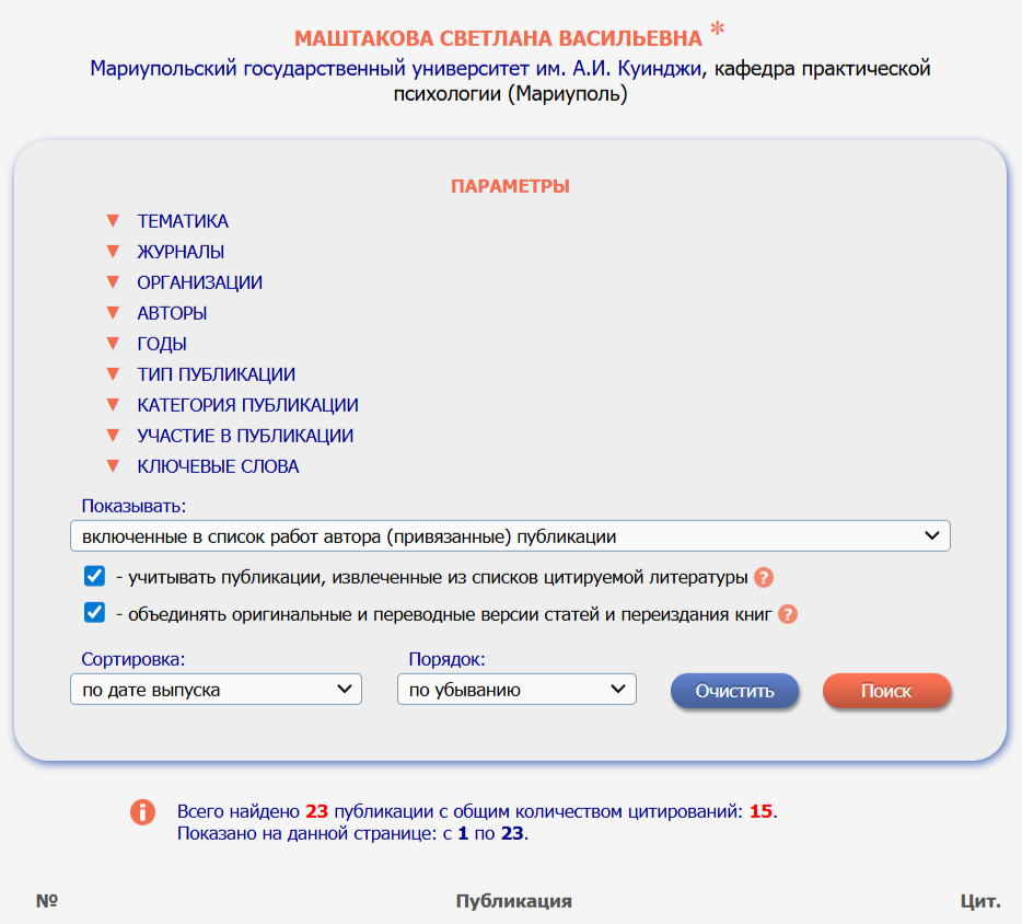 Эти публикации появились, пока я училась в вузе на уровне магистра практической психологии (за 2 года учёбы). Их больше, но (увы) не все внесены в базу РИНЦ (на деле их появилось 28 РИНЦ-публикаций - за пару лет обучения в университете.