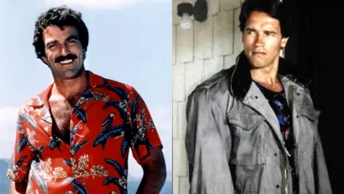 Слева: Том Селлек; справа: Арнольд Шварценеггер.