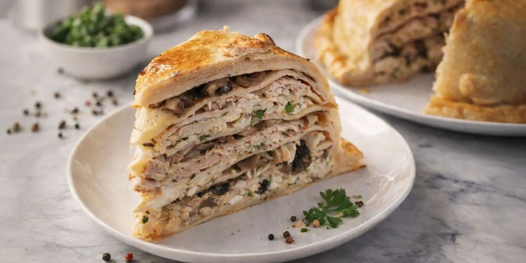 Курник по старинному рецепту — слоёный пирог с блинами, курицей, грибами и рисом.