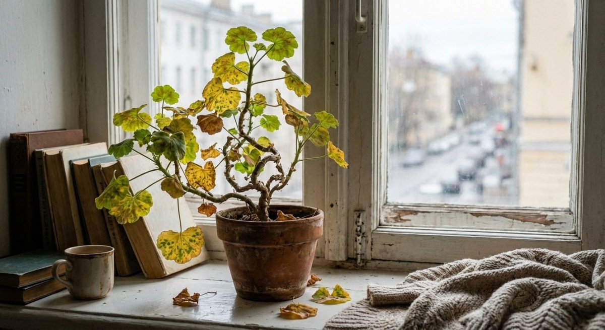 Погибающая пеларгонии из-за неправильного ухода