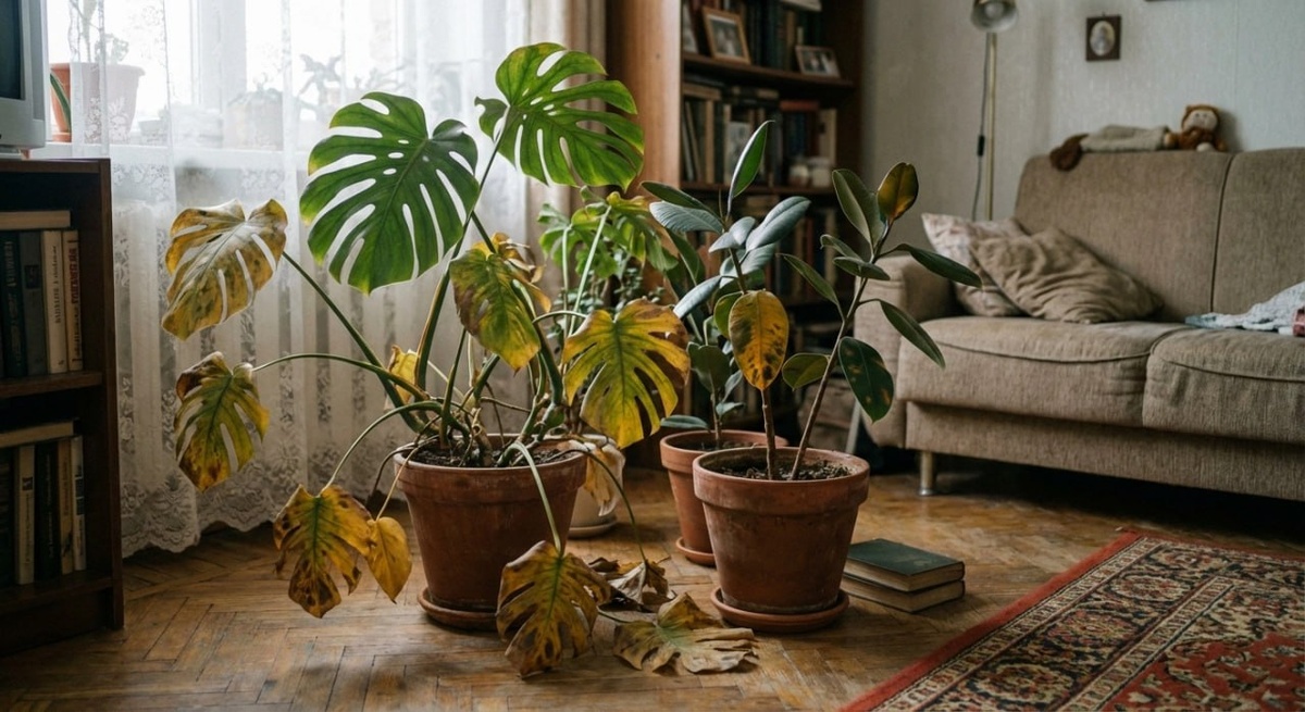 Фикусы и монстера погибают от сухого воздуха и жарящих батарей