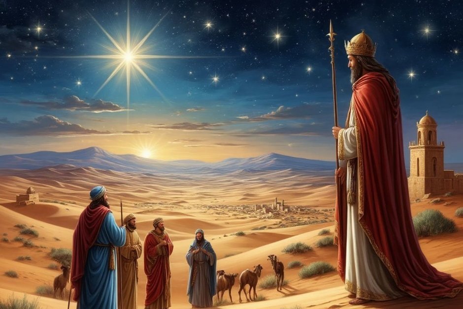    По Евангелию от Матфея, рождение Христа сопровождалось появлением на небе необычайно яркой звезды, которая указала путь волхвам. Людмила Губаева/сгенерировано при помощи нейросети «Шедеврум»