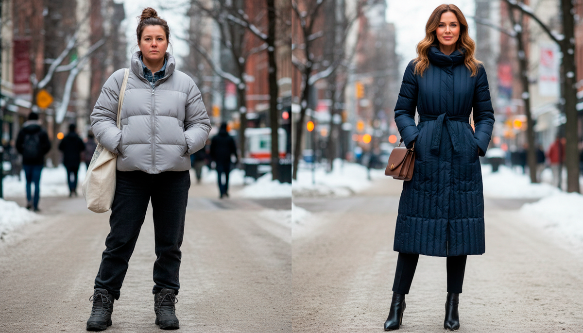 Наглядная разница! Слева — все ошибки сразу: короткая длина до талии, светло-серый оттенок, широкая горизонтальная стёжка. Женщина выглядит приземистой, полной. Справа — правильный выбор: тёмно-синий пуховик длиной миди, вертикальная стёжка, структурированный силуэт. Та же возрастная категория, но визуально минус 10 лет. Это не магия — это просто грамотный выбор зимней куртки.