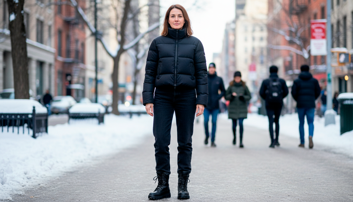 Классический пример ошибки №1. Видите, как короткая куртка режет фигуру пополам? Она заканчивается ровно на линии талии, акцентируя самое широкое место — бёдра. Ноги выглядят визуально короткими, пропорции нарушены, силуэт приземистый. Даже качественная чёрная куртка не спасает — неправильная длина убивает весь образ. Запомните это фото как антипример!