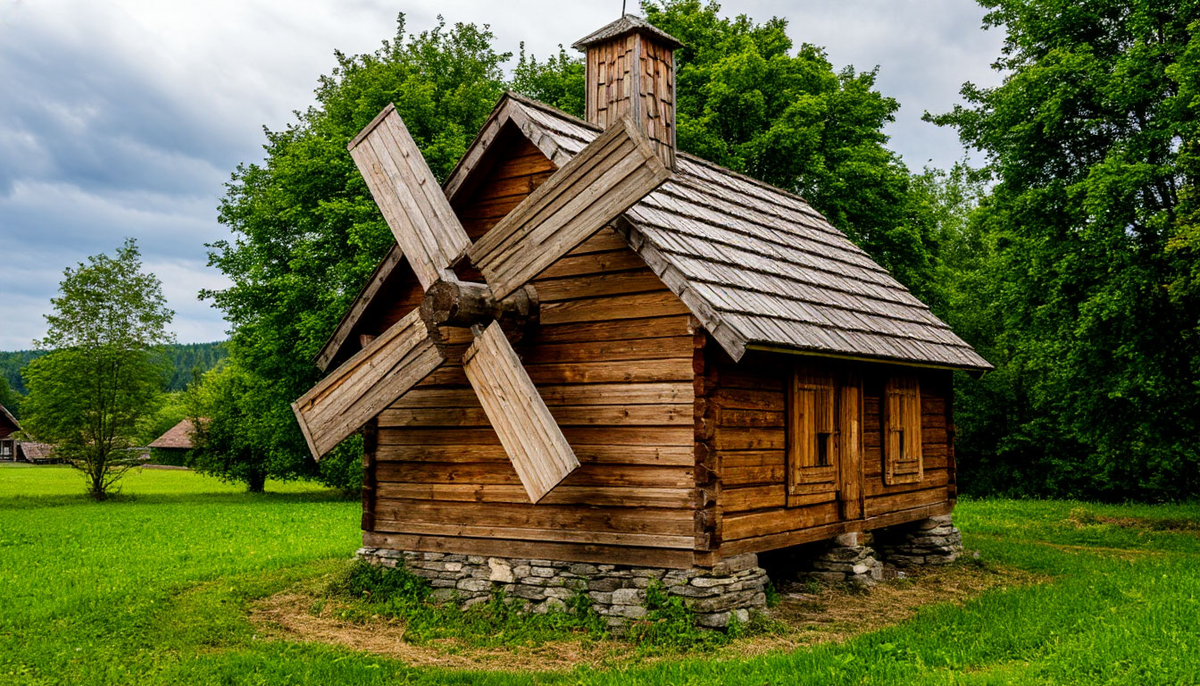 Деревянная мельница. Изображение сгенерировано ИИ:  shedevrum.ai