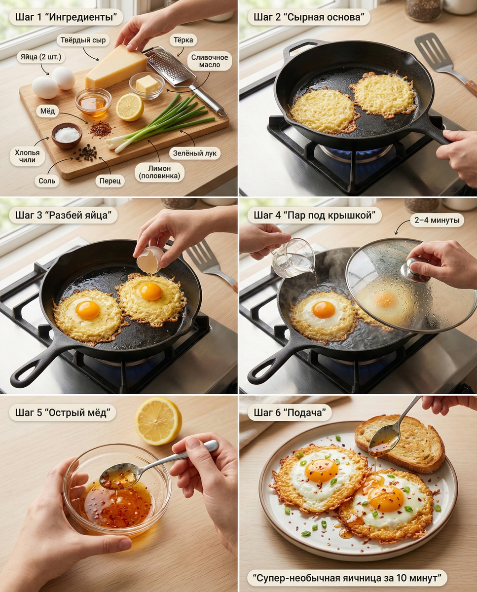Яичница «в облаке» на сырной корочке + острый мёд (очень необычное утро)