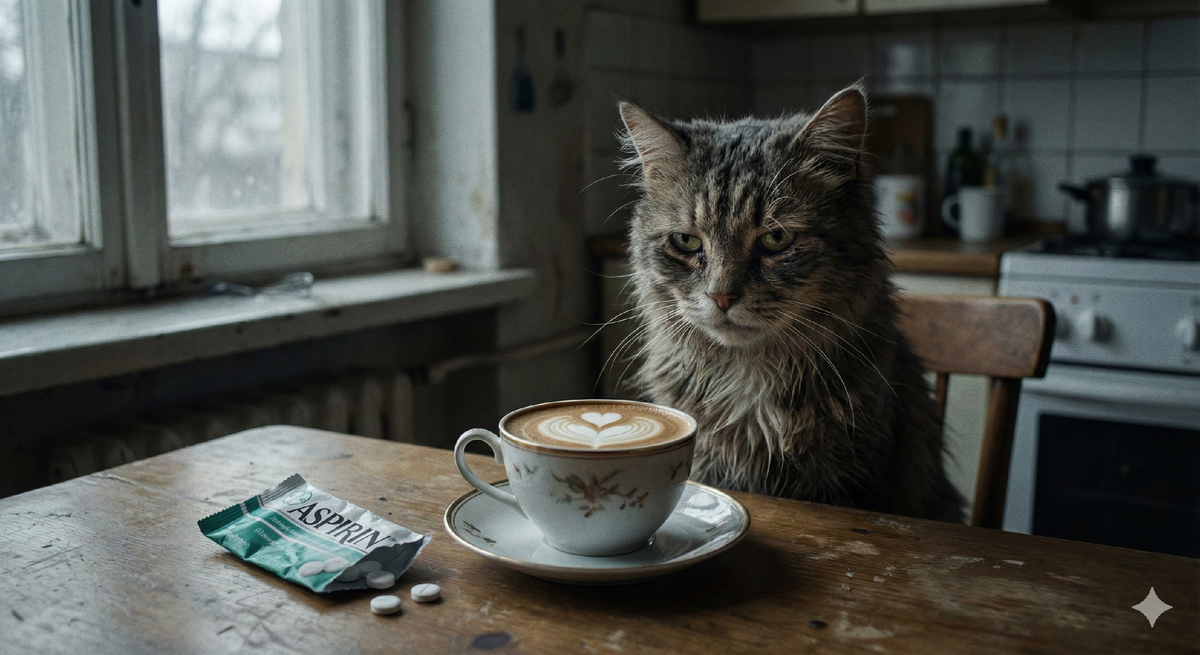 Доброе утро, страна! Котик хорошо отметил новый год и теперь пытается перезагрузиться при помощи советов из интернета