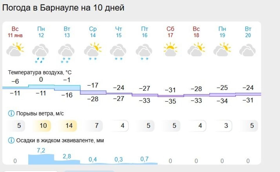    Днем 12 января в Барнауле обещают 0 градусов и снег с дождем. Источник: "Гисметео"