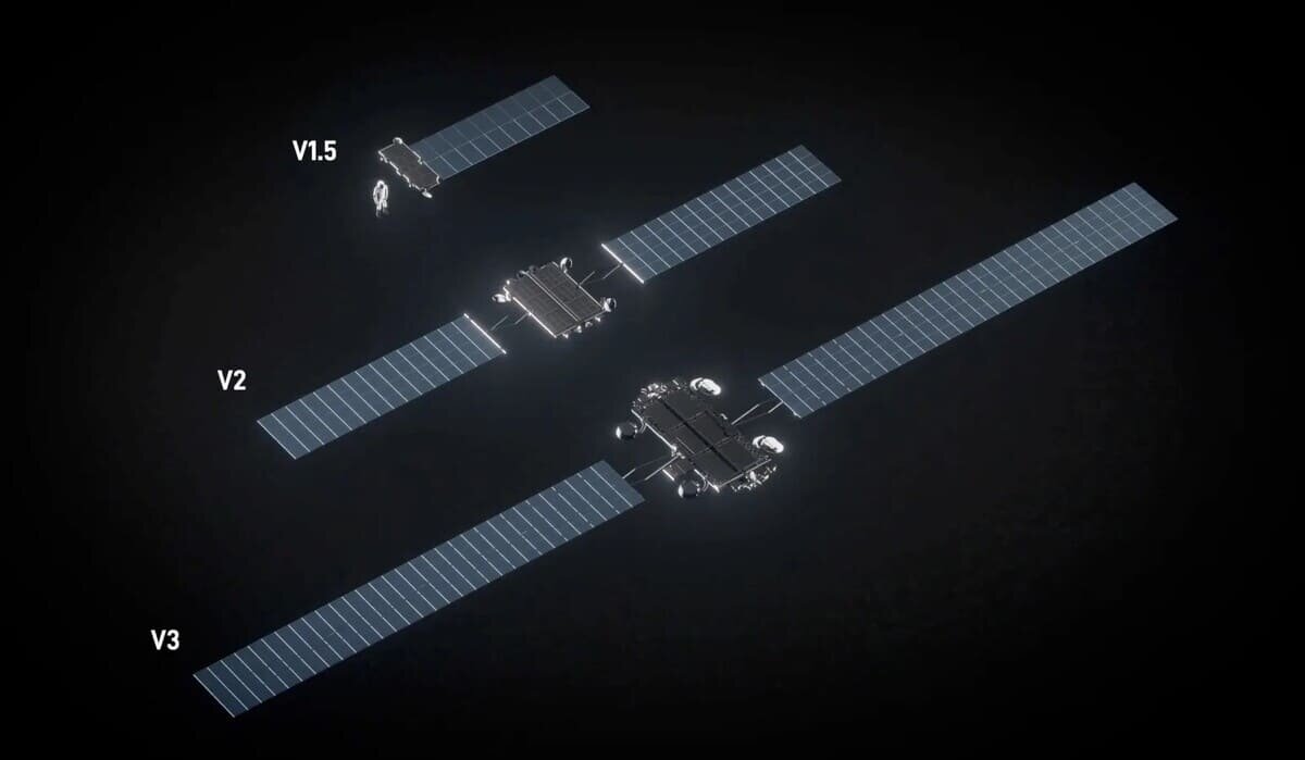    Спутники Starlink разных поколений / © SpaceX