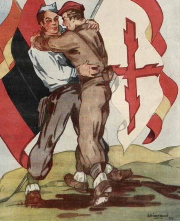 Изображение в журнале «Стрелы», демонстрирующее объединение фалангистов и карлистов, 1937 год.