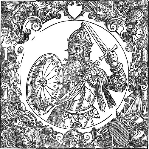 Гравюра с изображение Миндовга из «Описания Европейской Сарматии» Александра Гваньини. Эта же гравюра использовалась как портрет легендарного князя Леха