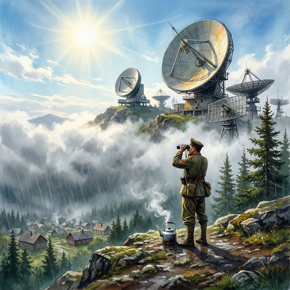 Наша сопка, 413 метров над уровнем мира. Внизу – тучи и дождь, а наверху – царство солнца и радаров.